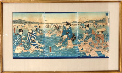 Utagawa Kunikiyo I (19th Century) Japanese, Framed Woodblock Triptych