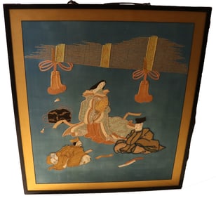 Framed Japanese Silk Embroidery Likely Meiji Period