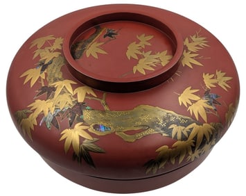 Japanese Red Lacquer Bowl with Ornate Tree Design on Lid