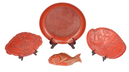 (4) Japanese Modern Kamukra-ware Red Lacquered Decorative Plates