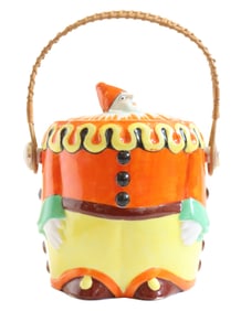 Vintage Japanese Clown Cookie Jar with Wicker Handle