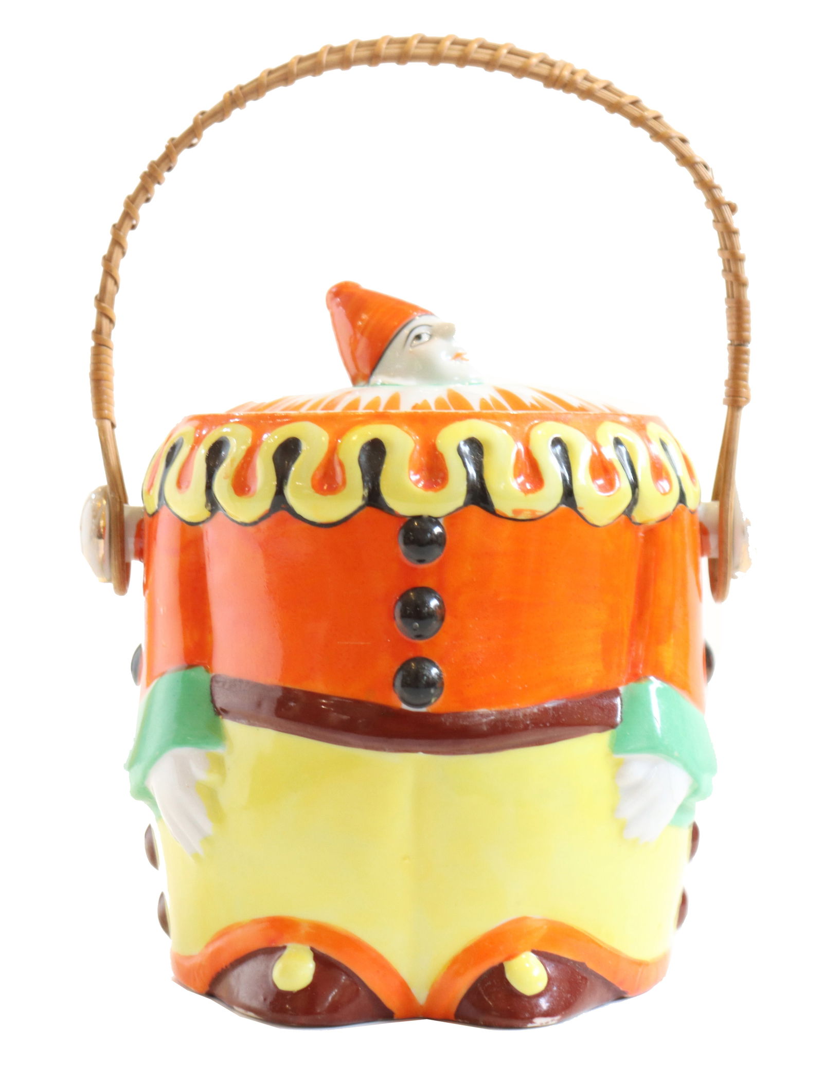 Vintage Japanese Clown Cookie Jar with Wicker Handle: Vintage Japanese Clown Cookie Jar with Wicker Handle. Condition as pictured. Especially note pictures #3, #8, and #12. Wear commensurate with age. Size: 7 x 5 1/2 x 7 1/2 in.#6015