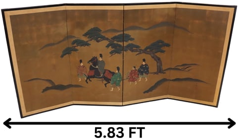 Signed Japanese 4-Panel Folding Screen with Samurai on Horseback and Attendants