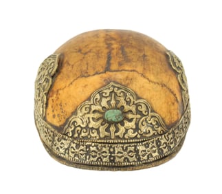 Tibetan Kapala Skull Cup with Silver Adornments and Turquoise Cabocho