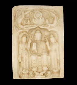 Asian Carving of Buddha and Bodhisatva on Alabaster Block