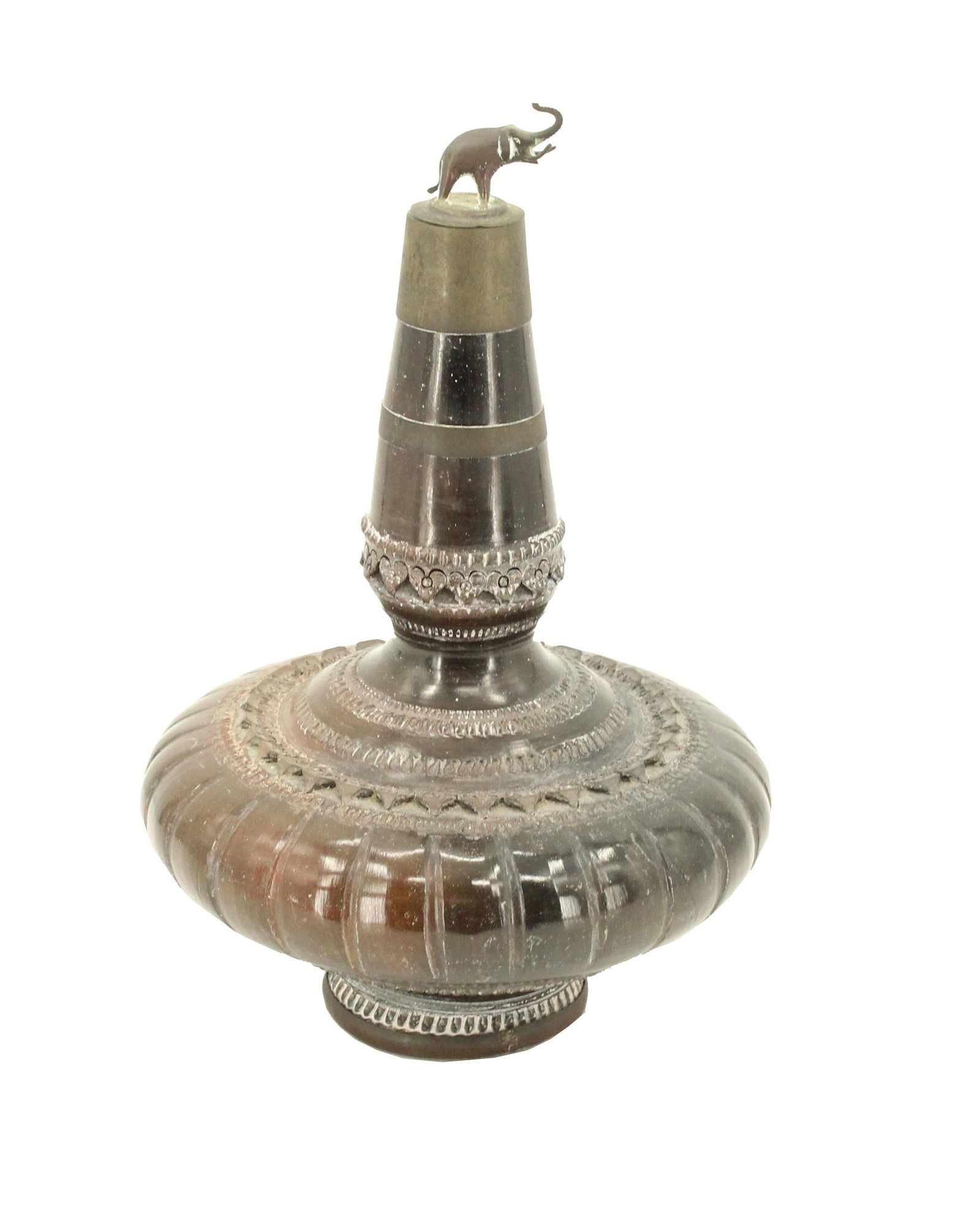 Thai Carved Pottery Bottle with Elephant Finial:  Late 19th Century Thai pottery decanter with elephant stopper. Beautiful etching throughout the black pottery. I love the trunk up elephant stopper Size: 7 x 7 x 10 1/2 in. #5723