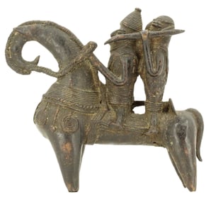 African Bronze Sculpture of Kotoko Style Equestrian Warriors with Spears