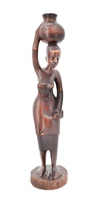 African Hand Carved Figure Carrying Basket On Head