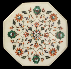 Italian Pietra Dura White Marble Tabletop Inlaid with Semi Precious Stones