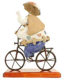 Rodo Padilla (Born 1955) Mexican Stoneware Elephant W/ Bicycle & Umbrella Pottery Sculpture Figure