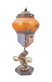 Bronze Nude Figural Lamp With Reverse Painted Orange Globe