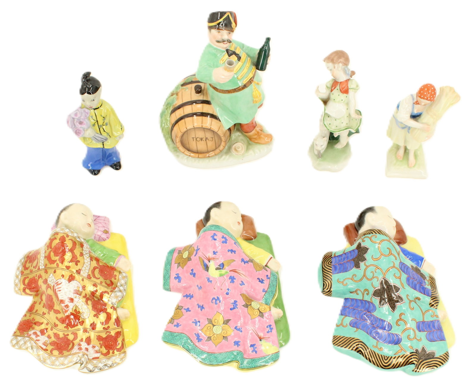 (7) Collection of Herend Porcelain Pieces: (7) Collection of Herend Porcelain Pieces. Includes figurines of three sleeping children, a mandarin girl holding flowers, a girl with her harvest, a girl with a cat, and a soldier drinking 