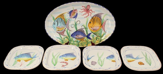 Collection of (5) Vietri Hand Painted Italian Fish Dishes and Plates