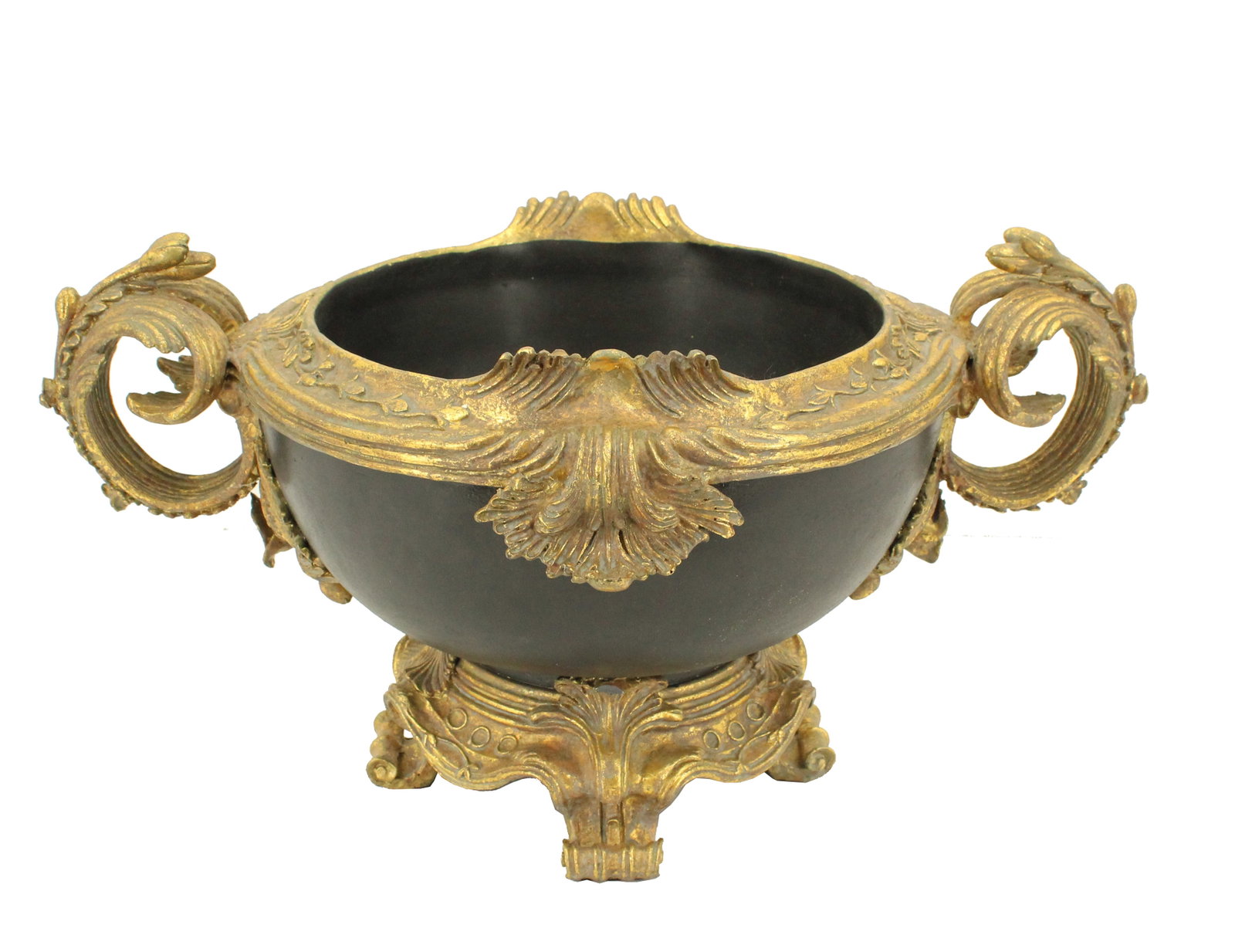 Black and Gold Handled Pedestaled Composite Planter/Jardiniere: Black and Gold Handled Pedestaled Porcelain Planter/Jardiniere. Black porcelain bowl with gilt metal accents of vine-form handles, elevated on four scroll feet. Condition: Chip off two of the scrolls.