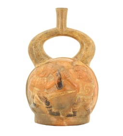 Pre-Columbian North Coast Peru Stirrup Jar With Battle Scene