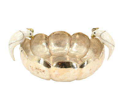 Mexican Los Castillo Silver Plated Parrot Centerpiece: Mexican Los Castillo Silver Plated Parrot Centerpiece. Los Castillo Meixican silver bowl with scalloped edges decorated by mirrored parrots perched on either side. Los Castillo is a renowned Mexican s