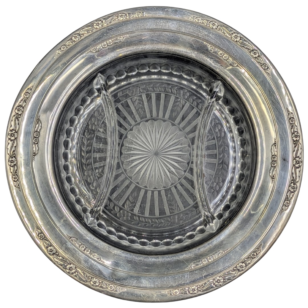 Sterling Silver Rimmed International Courtship Divided Plate: Sterling Silver Rimmed International Courtship 10 Inch Divided Plate. Floral Pattern along the the edges. Etched glass radial pattern. Although no markings observed, appears to be in the st