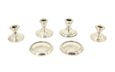 Group of 4 Weighted Sterling Silver Candlesticks and 2 Glass & Sterling Coasters