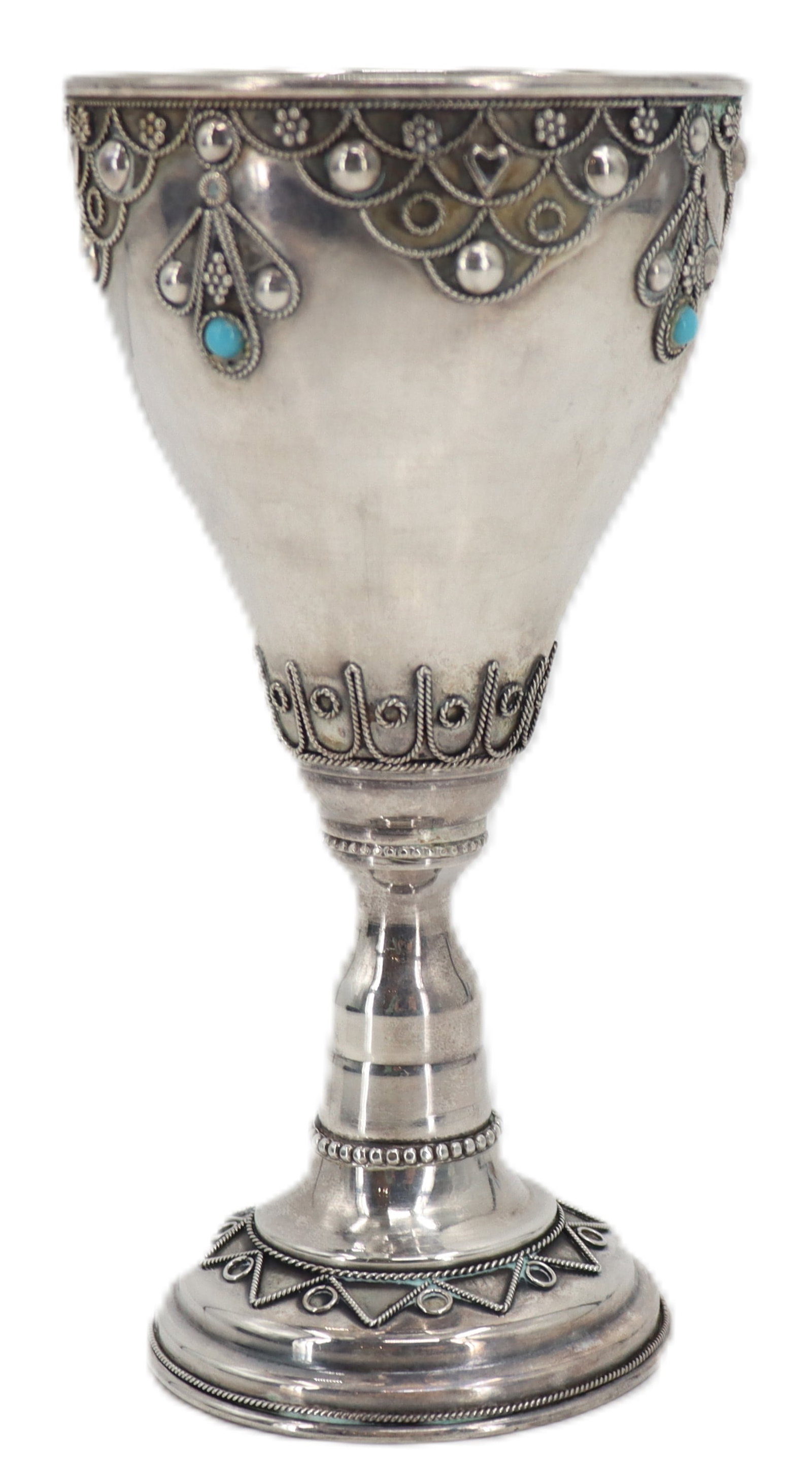 Fantastic Israel 935 Sterling Silver and Turquoise Kiddush Cup 2 Ozt: Fantastic Israel Sterling Silver and Eilat (Turqouis Colored) Stone Wine Cup 2 Ozt. Interior with Gilt Wash. Eilat Stone is officially recognized as the national gemstone of Israel. This des