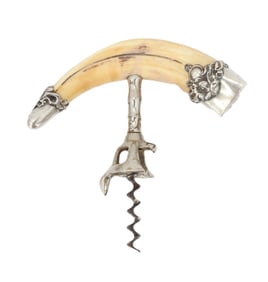 Carved Warthog Tusk and Sterling Silver Art Nouveau Corkscrew from 1904