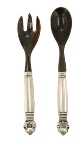 Pair of Danish Georg Jensen Sterling Silver and Wood Serving Pieces