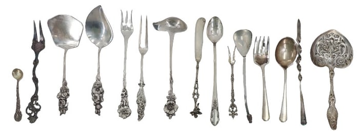 Group of 15 Highly Decorated Sterling Silver Utensils 8.7 Ozt