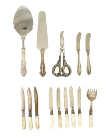 Assortment of 14 Utensils, Sterling Silver / Mother of Pearl Handles