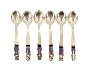 Group of 6 Estonian 916 Silver Talinn Jewelry Factory Enameled Folk Art Spoons - Gross 6 Ozt