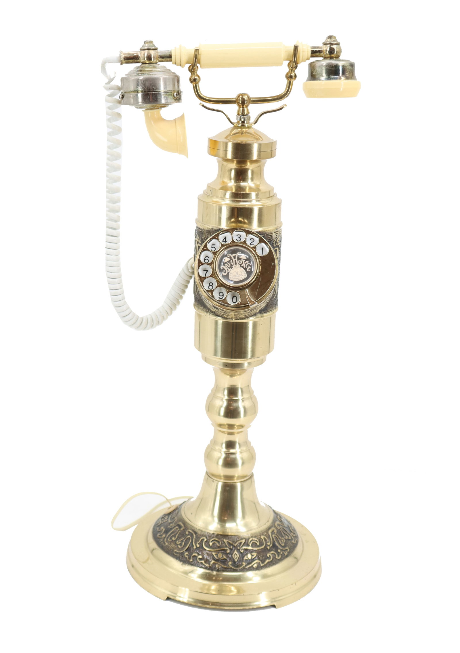 HWA Hong Hollywood Regency Brass Rotary Style Telephone: HWA Hong Hollywood Regency Brass Rotary Style Phone. Similar style to French Mona Lisa rotary telephones. Size: 10 x 24 in. #6746