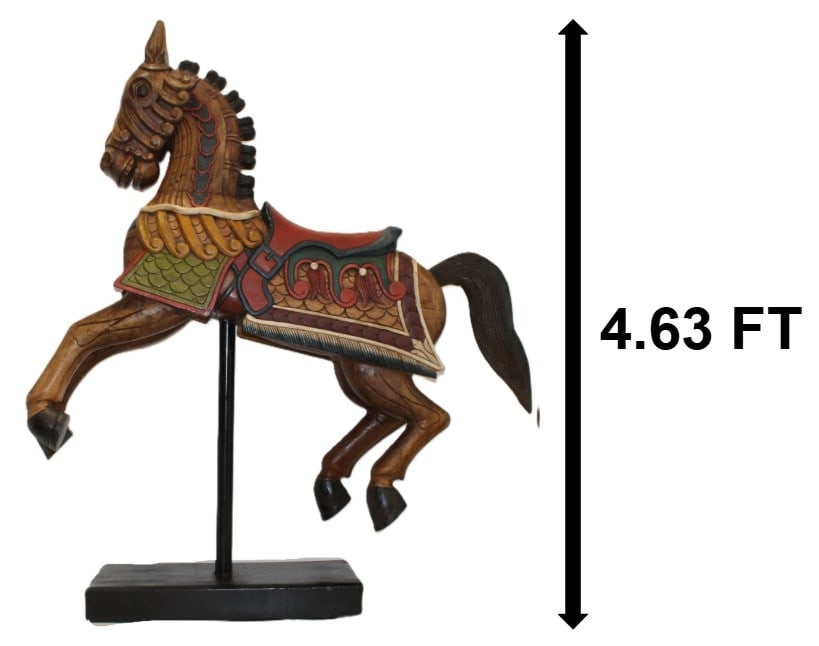 Carved Wooden Carousel Horse: Carved Wooden Carousel Horse. Carved and painted walnut. Horse in a dynamic pose, with its front legs extended as if in mid-stride. Mounted on a simple, black stand with a rectangular base. Intr