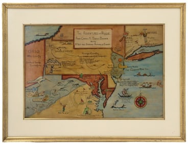 Hand Drawn and Painted Map "The Adventures of Piggie" - "From Cradle to Elbow Bender"