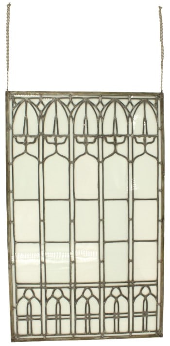 Antique Hanging Leaded Textured Glass Panel: Antique Hanging Leaded Textured Glass Panel. Features a clear Gothic architectural influence. It has a series of tall, narrow panels with pointed arches, reminiscent of Gothic cathedral windows.