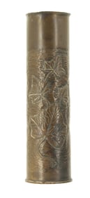 Antique World War I Trench Art, Brass 75 MM Artillery Shell with Embossed Leaves
