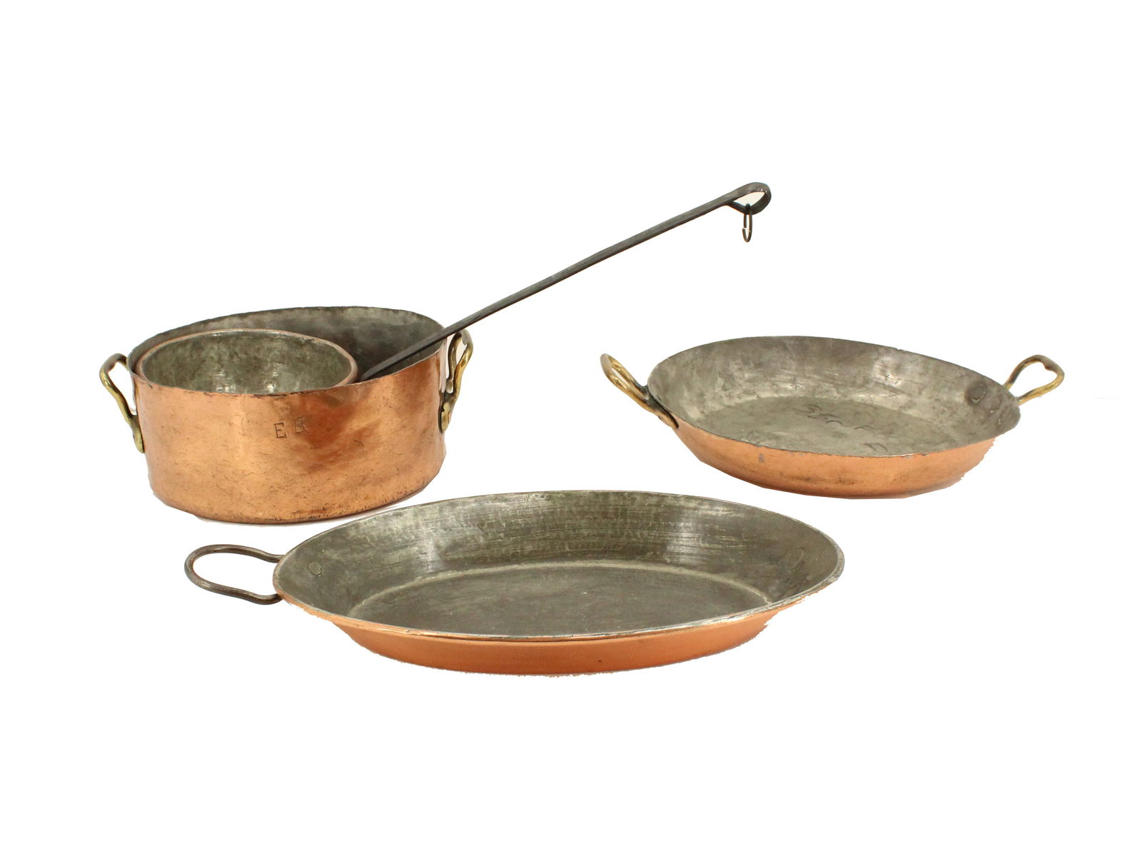 Group of (4) Copper Kitchenware Pieces Including Ladle, Pot and 2 Pans: The set includes a copper ladle, a 2 handled copper pan, a 1 handle copper pan, and a copper pot with 2 handles. There is a large EB on the side of the pot. Ladle Size: 7 x 20 x 5 in.#6142