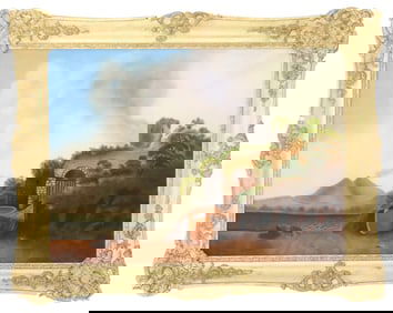 Vintage Framed Oil on Canvas Architectural Landscape