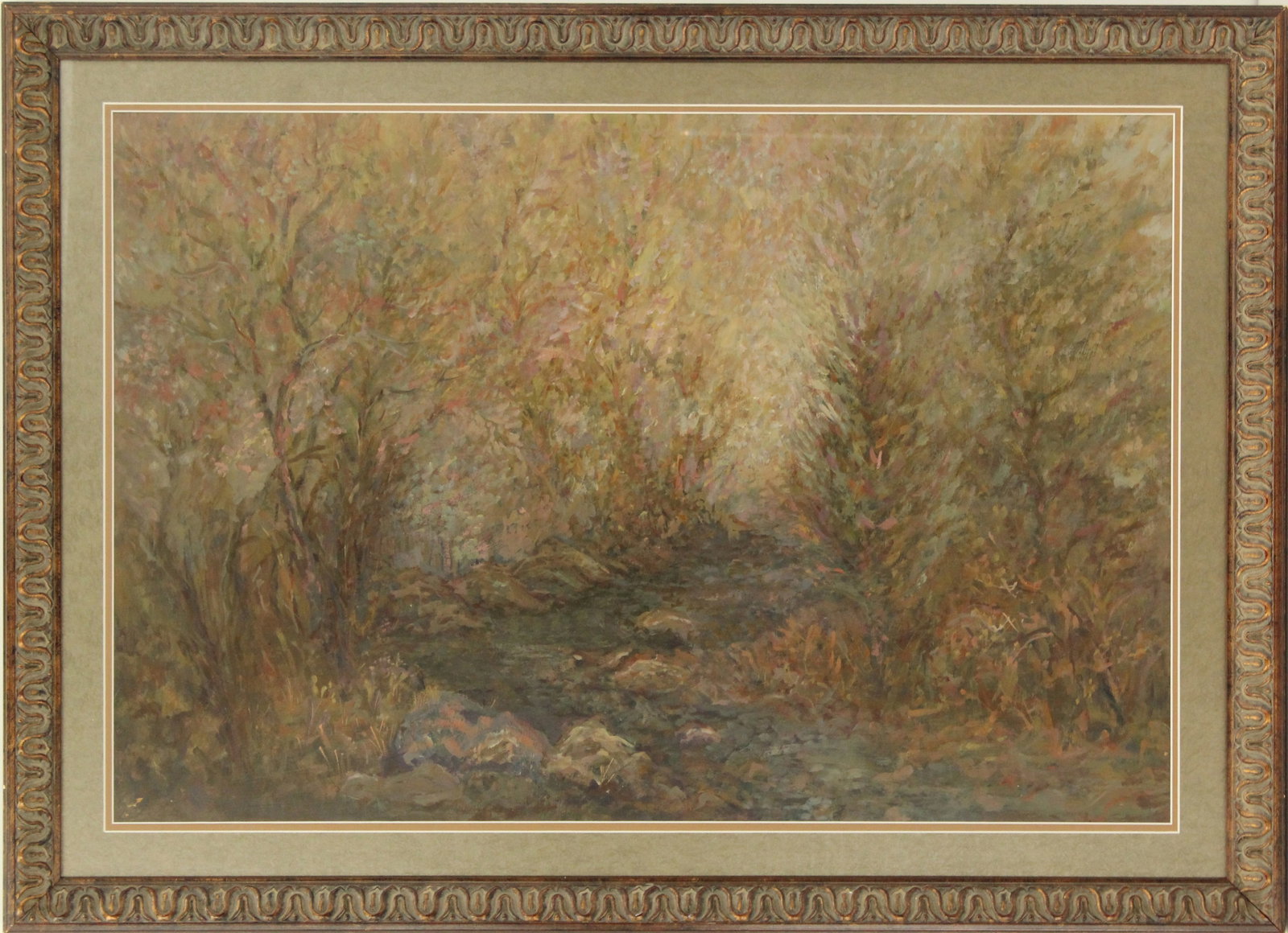 Oil on Masonite Impressionist Landscape: Oil on Masonite Impressionist Landscape. Impressionist landscape painting of a rocky riverbed, rimmed by thin-limbed branches, predominantly rendered in browns and oranges. Overall Size: 42 x 30 