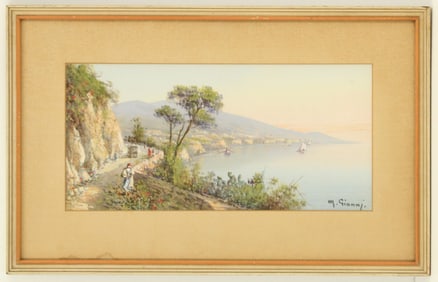 Michele Gianni (1873-1956) Italian, Gouache on Canvas Landscape, Gulf of Naples