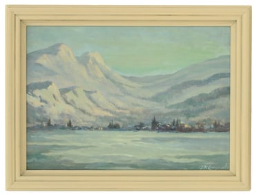 Vintage Oil on Canvas Painting of a Mountain Lake