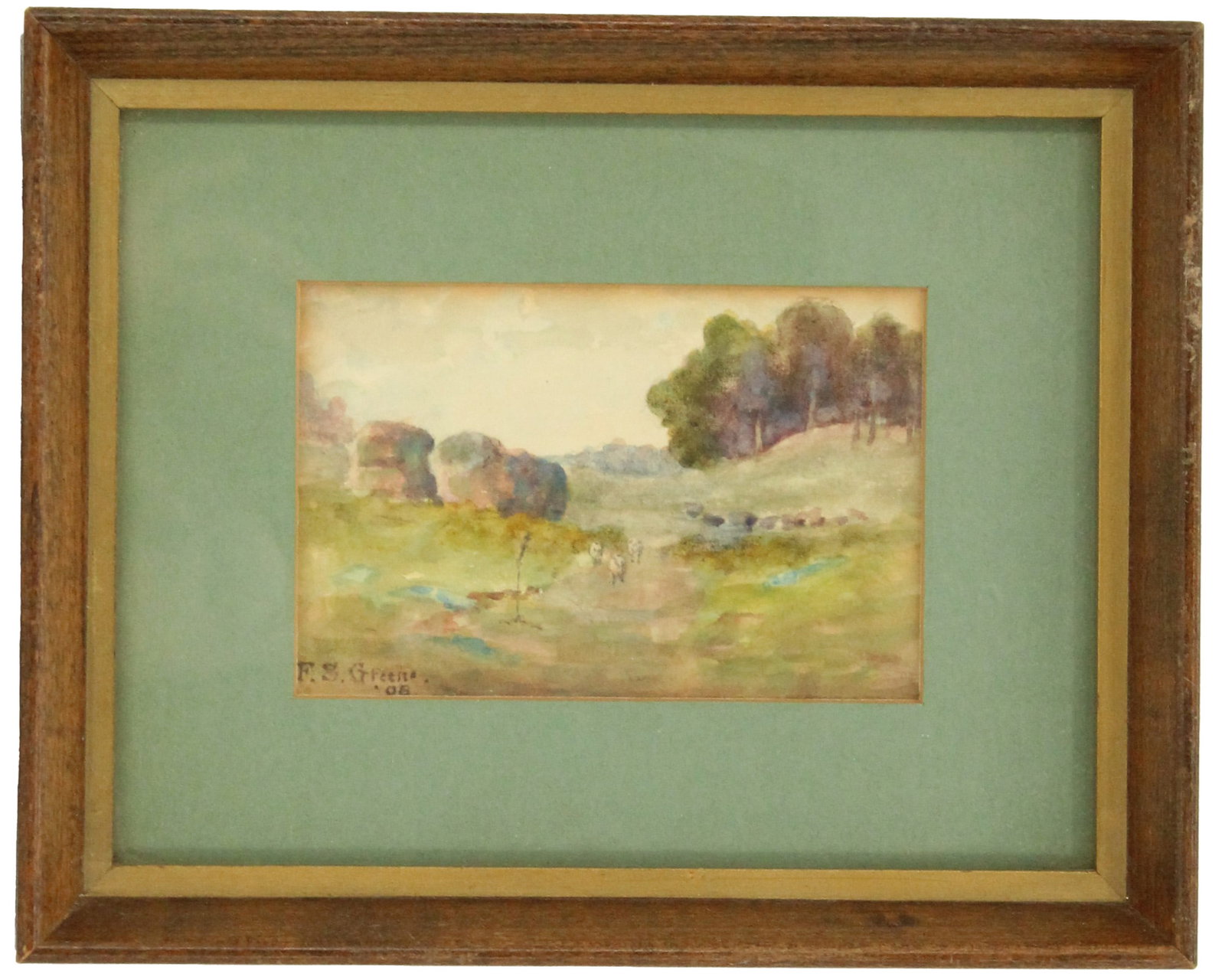 Fred Stuart Greene (1876-1946) American Watercolor of Sheep in a Landscape: Fred Stuart Greene (1876-1946) American Watercolor of Sheep in a Landscape. Signed and dated lower left. Fred Stuart Greene (1876 - 1946) was active/lived in Rhode Island, Connecticut. 
