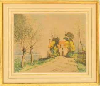 Paul Lecomte (1842-1920) France, Landscape Etching "The Ferryman's House"
