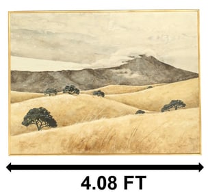 Large 1970 Oil on Masonite Landscape Painting Rolling Hills with Oak Trees