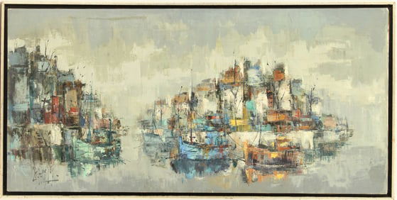 MCM (20th Century) Oil on Canvas Abstract Impressionist Harbor Scene