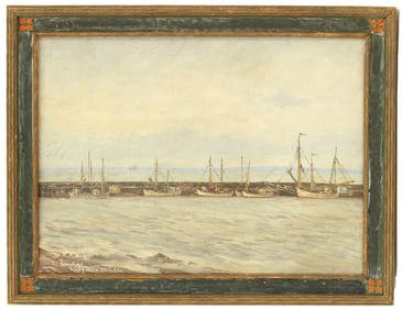 1926 Harbor Scene Painting of Boats Docked Along a Seawall