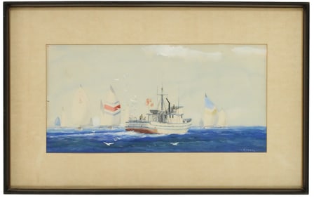 M. Runkel 20th Century Watercolor of a Fishing Boat and Yacht Race