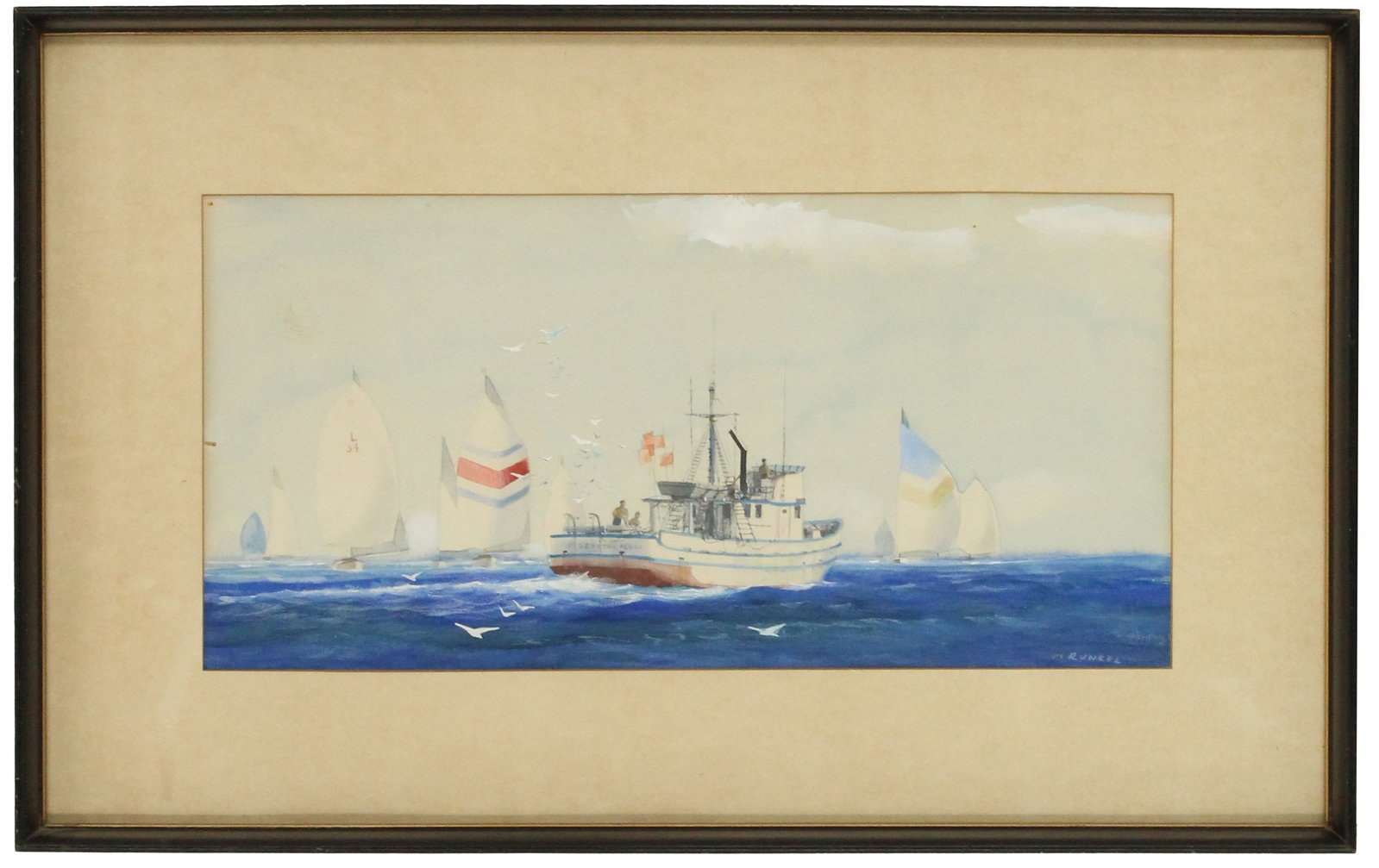 M. Runkel 20th Century Watercolor of a Fishing Boat and Yacht Race: M. Runkel 20th Century Watercolor of a Fishing Boat and Yacht Race. Signed lower right. Overall Size: 16 1/4 x 25 3/4 in. Sight Size: 9 x 18 3/4 in. #6408