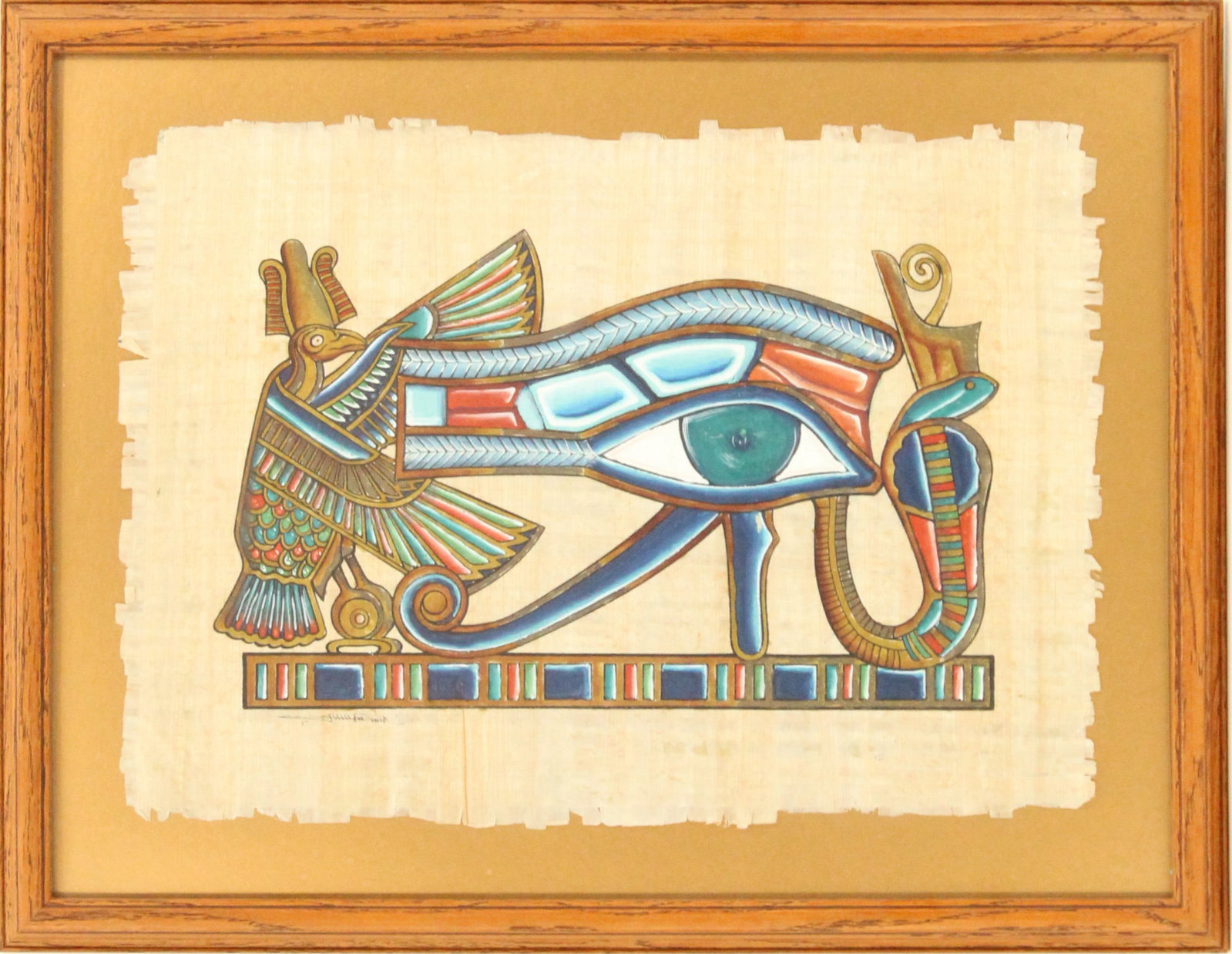 Egyptian Eye of Horus Painting: Egyptian Eye of Horus Painting. Egyptian painting depicting an eagle alongside the Eye of Horus. Signed lower left. Obtained in Cairo. The Eye of Horus is an ancient Egyptian symbol of protection, hea