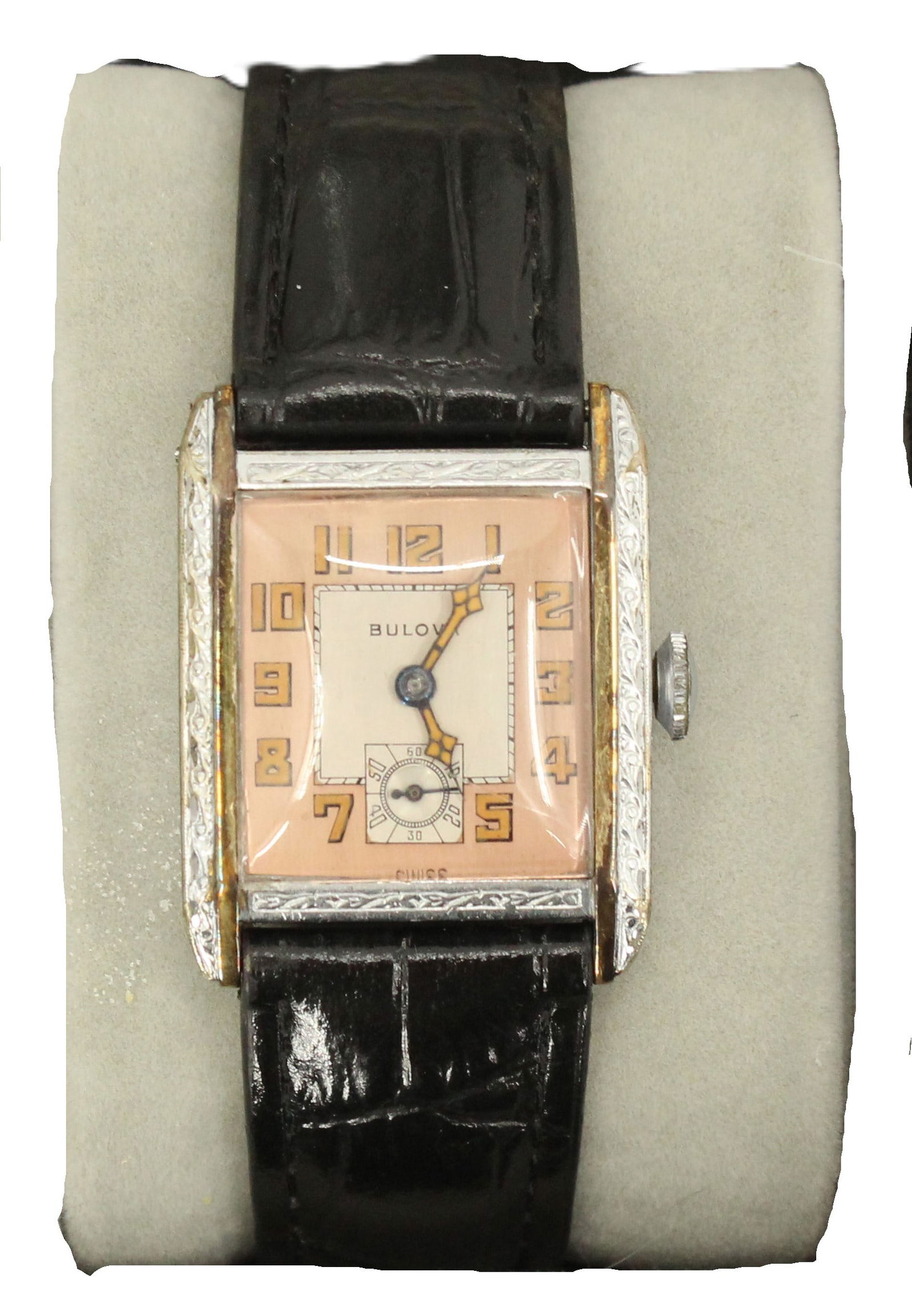 Bulova 15 Jewels Metal Wristwatch with Black Leather Strap, AS IS: Bulova 15 Jewels Metal Wristwatch with Black Leather Strap, AS IS. Square champagne 2 tone face with brutalist numbers, the number 6 replaced by a square second hand timer with ten second increments.&