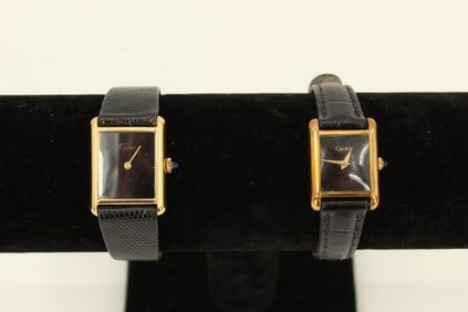 (2) Must de Cartier Wristwatches with Leather Bands, One Marked 18K Gold - AS IS