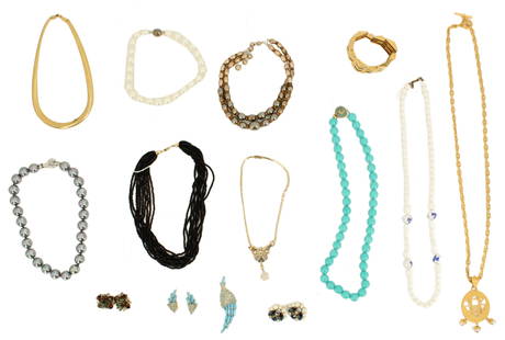 (17) Pieces of Costume Jewelry: Lot consists of 7 necklaces, 3 bracelets, 2 pairs of clip ons, pair of clip ons with matching pendant. Schiaparelli necklace, Miriam Haskell necklace, Trifari necklace, Schiaparelli earrings, Be