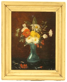 Antique Oil on Canvas Still Life Painting of a Bouquet of Flowers in a Blue Vase